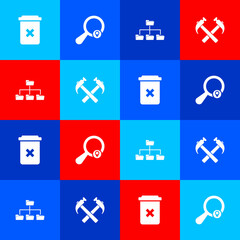 Sticker - Set Trash can, Search location, Folder tree and Two crossed hammers icon. Vector