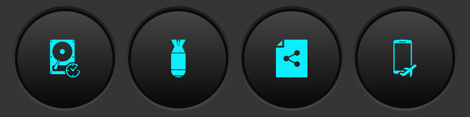 Set Hard disk drive with clockwise, Aviation bomb, Share file and Flight mode in the mobile icon. Vector