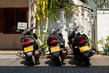 Scooters Are Parking In Sri Lanka Old Town With The Sign No Parking
