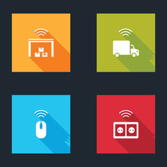 Poster - Set Smart warehouse, truck, Wireless mouse and electrical outlet icon. Vector