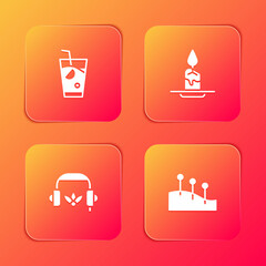 Wall Mural - Set Fresh smoothie, Aroma candle, Headphones for meditation and Acupuncture therapy icon. Vector