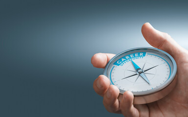 hand holding compass with needle pointing the text career opportunity over blue background. composit