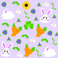 Purple Pattern With Rabbits, Carrots, Berries And Different Leaves. Purple Background. Pattern With White Rabbits. Illustration With Rabbits And Carrots. Illustration With Leaves