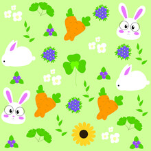Green Pattern With Rabbits, Carrots, Berries And Different Leaves. Green Background. Pattern With White Rabbits. Illustration With Rabbits And Carrots. Illustration With Leaves