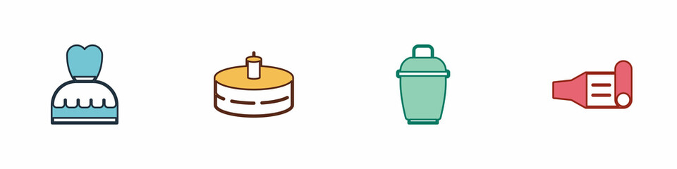 Sticker - Set Woman dress, Cake with burning candles, Cocktail shaker and Birthday party horn icon. Vector