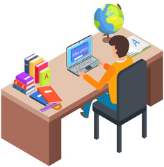 Poster - Self education, study and gain new knowledge. Student sitting at table working with laptop. Concept illustration of online courses, distance studying, self education, digital library, e-learning