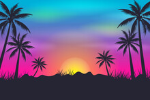 Tropical Palm Trees With Colorful Sunset Or Sunrise Sky Cartoon Illustration  
