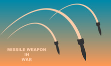 Missile Rocket Warhead Launch Frying Air Strikes In War With Evening Twilight Sky Background Icon Flat Vector Design.