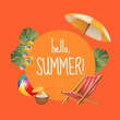 Digital composite image of hello summer text amidst folding chair, parasol and tropical drink