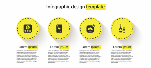 Poster - Set Online poker table game, Playing card with heart, Lucky wheel and Champagne bottle glass. Business infographic template. Vector