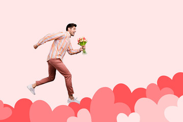 Aufkleber - Creative retro 3d magazine collage of guy running fast hearts hurrying date empty space isolated pink color background