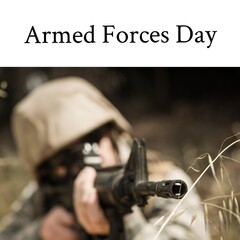 Poster - Digital composite image of armed forces day text and caucasian army soldier aiming gun, copy space