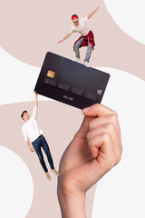 Sticker - Photo artwork minimal collage of funky funny two guys standing big huge credit card holding arm isolated white beige color background