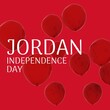 Illustration of jordan independence day text against balloons over red background, copy space