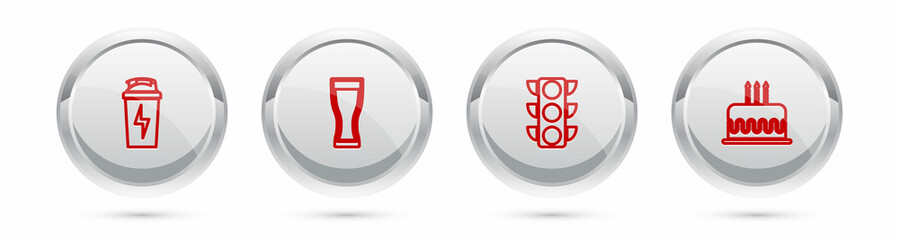 Sticker - Set line Fitness shaker, Glass of beer, Traffic light and Cake with burning candles. Silver circle button. Vector