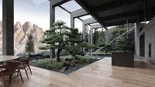 Modern loft large concrete structure space kitchen with garden, large bonsai trees and view to dolomiti mountains 3d rendering	