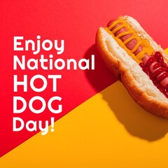 Wall Mural - Composite of enjoy national hot dog day text with hot dog on red and yellow background, copy space