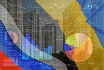 Multiple exposure of Ukrainian, Russian flags, cityscape and digital stock exchange market charts