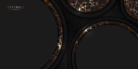 Canvas Print - Vector abstract premium background with layered round elements, shiny glitter, gold animal print and a copy space. Luxury geometric modern banner with neurographic pattern in black and golden colors