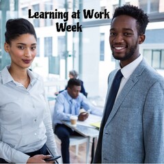 Canvas Print - Composite of portrait of smiling african american coworkers with learning at work week text