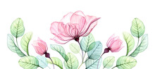 Watercolor Rose Floral Arrangement Of Pink Flowers, Buds And Eucalyptus Leaves. Big Horizontal Border. Transparent Hand Drawn Illustration For Wedding Stationery, Card Print, Artwork
