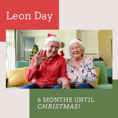 Poster - Composite of leon day and 6 months until christmas text and portrait of caucasian couple at home