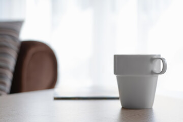 Poster - Ceramic cup on wooden table indoors, space for text. Good morning