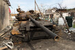 War in Ukraine. Destroyed military vehicles and equipment. Main battle tank. Urban warfare