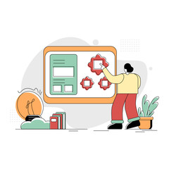 Poster - Flat Illustration Vector Graphic of Creative Teaching, the concept of a man teaching putting puzzles on the board, Retro style minimal green red yellow, perfect for ui ux development, web
