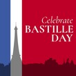 Illustration of celebrate bastille day text with eiffel tower over national flag on france
