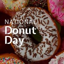Composite Of National Donut Day Text With Various Donuts, Copy Space