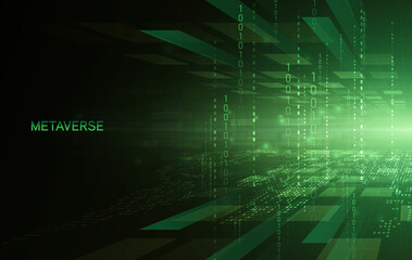 Poster - Metaverse, virtual reality, augmented reality and blockchain technology, user interface 3D experience. Word metaverse with world map globe in futuristic environment background.
