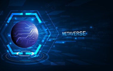 Poster - Metaverse, virtual reality, augmented reality and blockchain technology, user interface 3D experience. Word metaverse with world map globe in futuristic environment background.