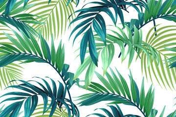 Wall Mural - Seamless hand drawn tropical vector pattern with palm leaves.