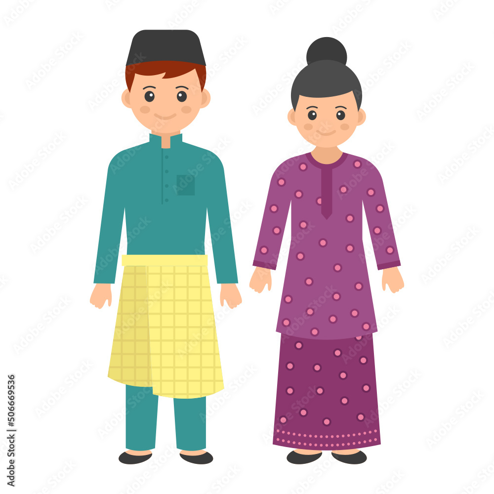 Malaysian Couple Standing together Concept, Baju Kurung Costume vector  color icon design, World Indigenous Peoples symbol, characters in casual  clothes Sign, traditional dress stock illustration Stock Vector | Adobe  Stock, image size:1000x1000