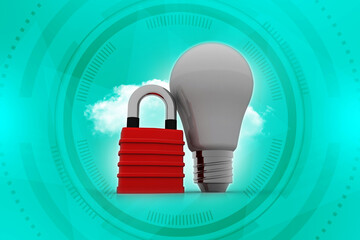 Poster - 3d rendering led white lightbulb protected lock
