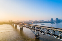 Early Morning Aerial Photography Of Traffic Flow Of Nanjing Yangtze River Bridge In Jiangsu, China