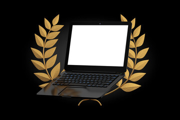Leinwandbilder - Computer Technology Award Concept. Modern Laptop Computer Notebook and Blank Screen for Your Design with Gold Laurel Wreath Winner Award. 3d Rendering