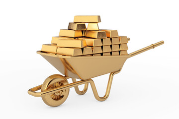 Aufkleber - Gardening and Construction Gold Wheelbarrow Full of Golden Bars. 3d Rendering