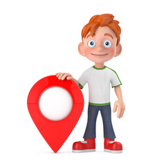 Wall Mural - Cartoon Little Boy Teen Person Character Mascot with Red Map Pointer Target Pin. 3d Rendering