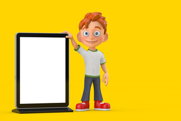 Leinwandbilder - Cartoon Little Boy Teen Person Character Mascot with Blank Trade Show LCD Screen Display Stand as Template for Your Design. 3d Rendering