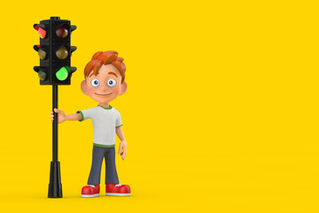 Aufkleber - Cartoon Little Boy Teen Person Character Mascot with Traffic Green Light. 3d Rendering