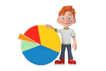 Aufkleber - Cartoon Little Boy Teen Person Character Mascot with Info Graphics Business Pie Chart. 3d Rendering