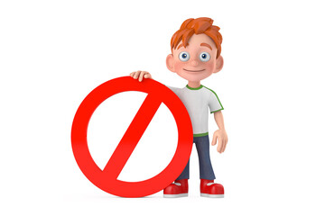 Poster - cartoon little boy teen person character mascot with with red prohibition or forbidden sign. 3d rend
