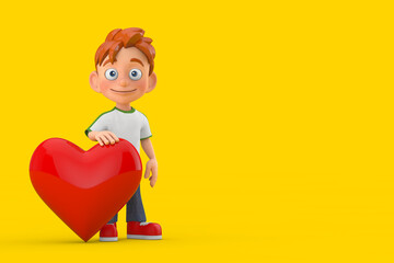 Wall Mural - Cartoon Little Boy Teen Person Character Mascot with Red Heart. 3d Rendering