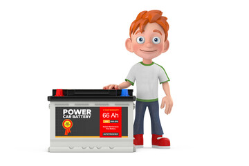 Aufkleber - Cartoon Little Boy Teen Person Character Mascot and Rechargeable Car Battery 12V Accumulator with Abstract Label 3d Rendering