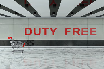 Poster - Shopping Cart in Front of International Airport, Bus or Train Station Interior Wall with Duty Free Sign. 3d Rendering