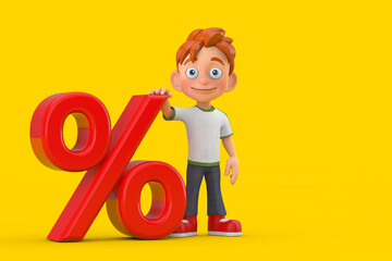 Cartoon Little Boy Teen Person Character Mascot with Red Retail Percent Sale or Discount Sign. 3d Rendering