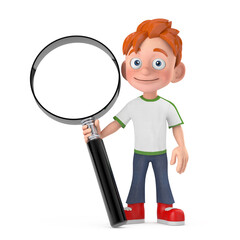 Wall Mural - Cartoon Little Boy Teen Person Character Mascot with Magnifying Glass. 3d Rendering