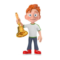 Aufkleber - Cartoon Little Boy Teen Person Character Mascot with Vintage Golden School Bell. 3d Rendering